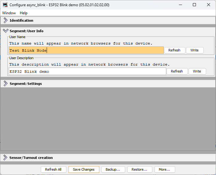 LccPro User Info tab with edited name “Test Blink Node”