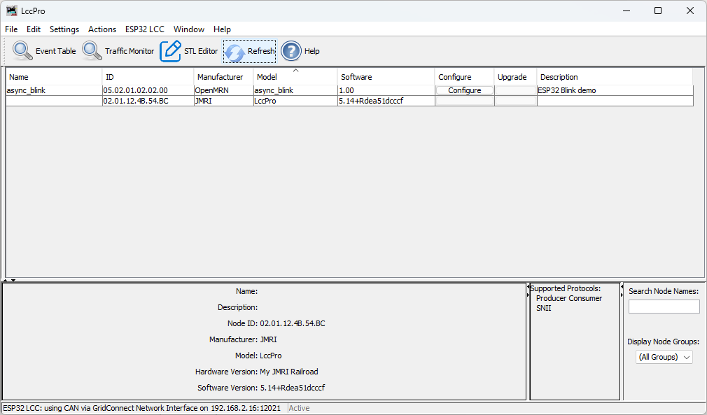 LccPro main window showing node list with async_blink