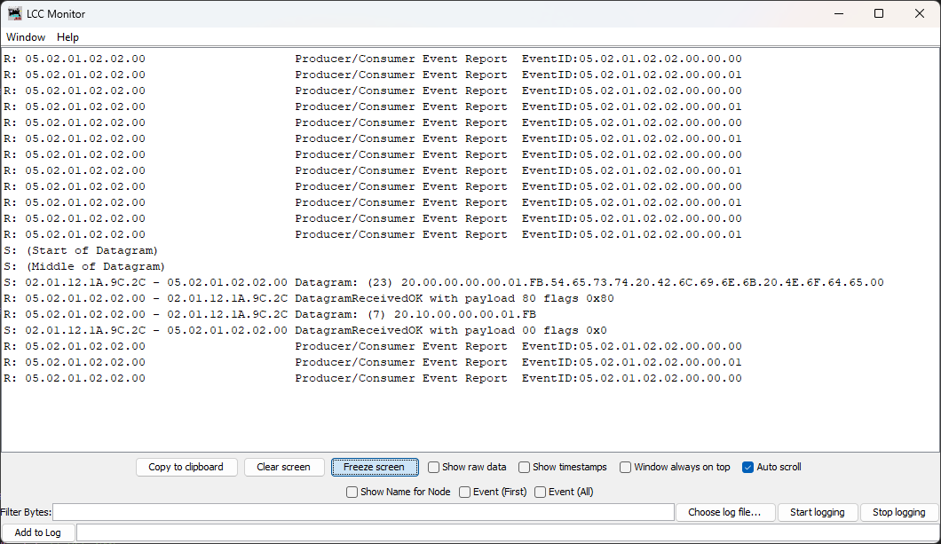 LCC Datagram messages showing configuration write when saving user name