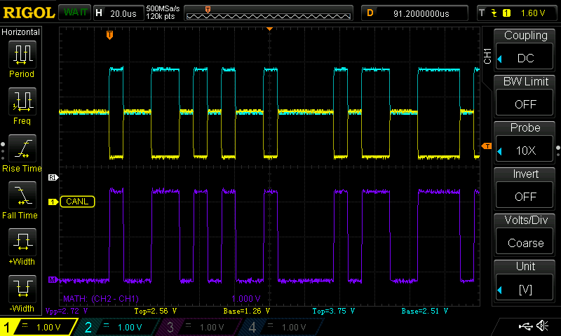 Oscilloscope capture from MCP2551 5V transceiver showing proper voltage swing