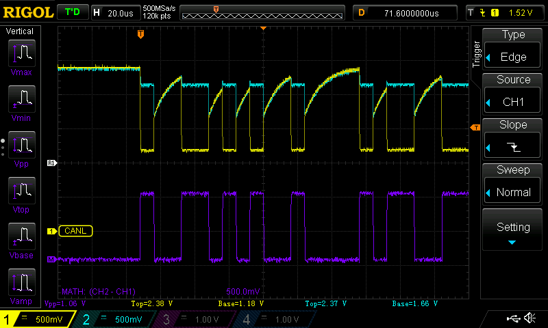 Oscilloscope capture showing CANH, CANL, and differential signal from counterfeit chip