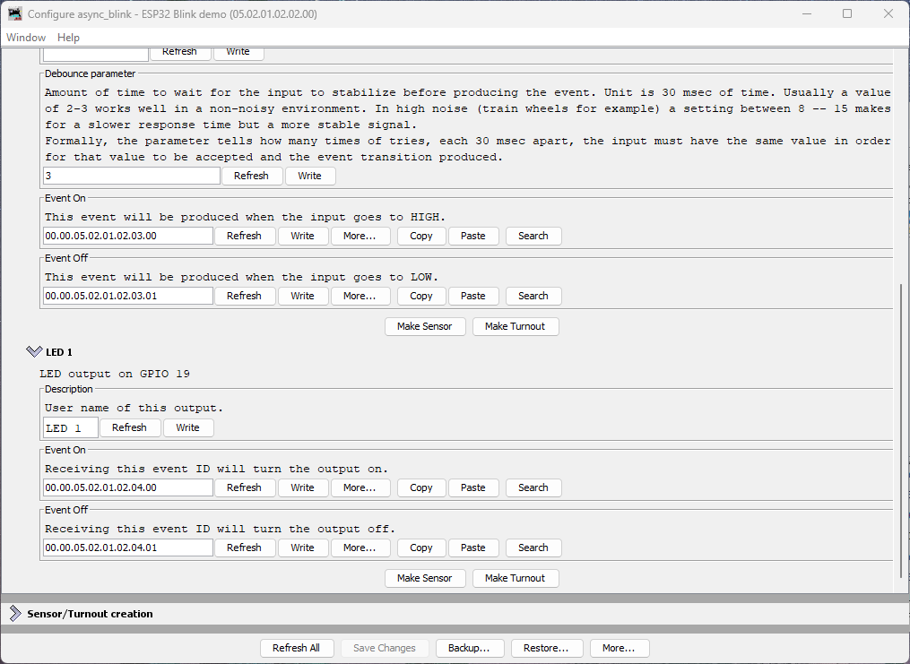 Node Configure dialog showing Button 1 and LED 1