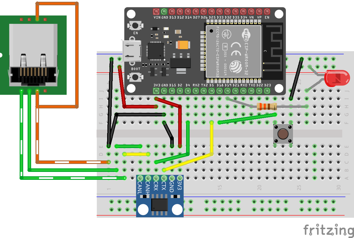 Breadboard layout with button and LED