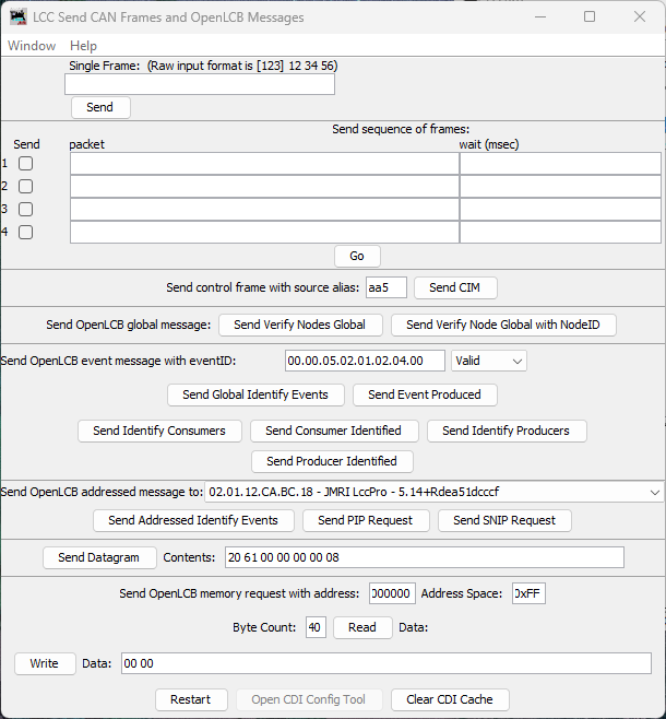 LccPro Send Frame dialog