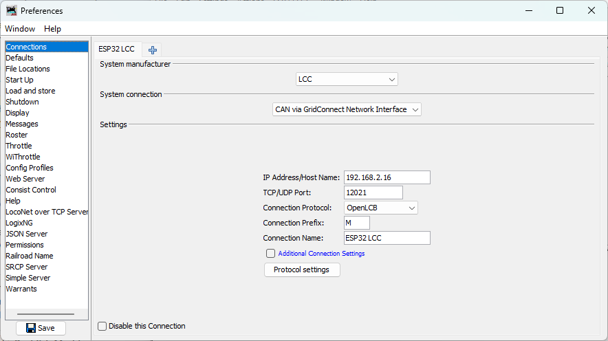 JMRI Preferences dialog with Connections tab