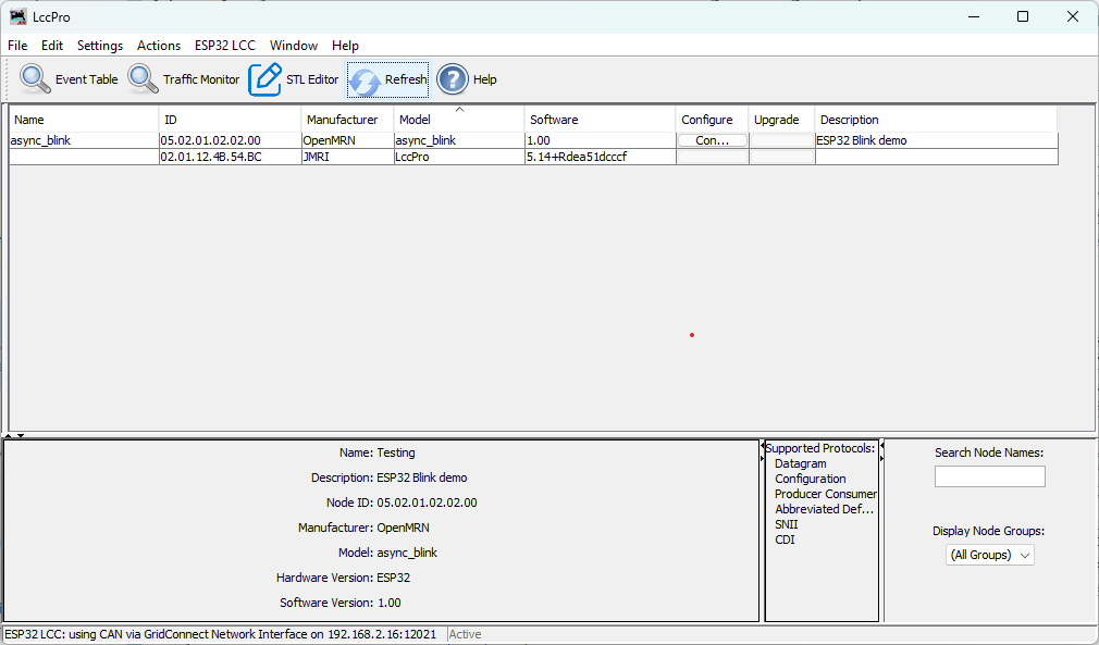 LccPro node list showing the async_blink node