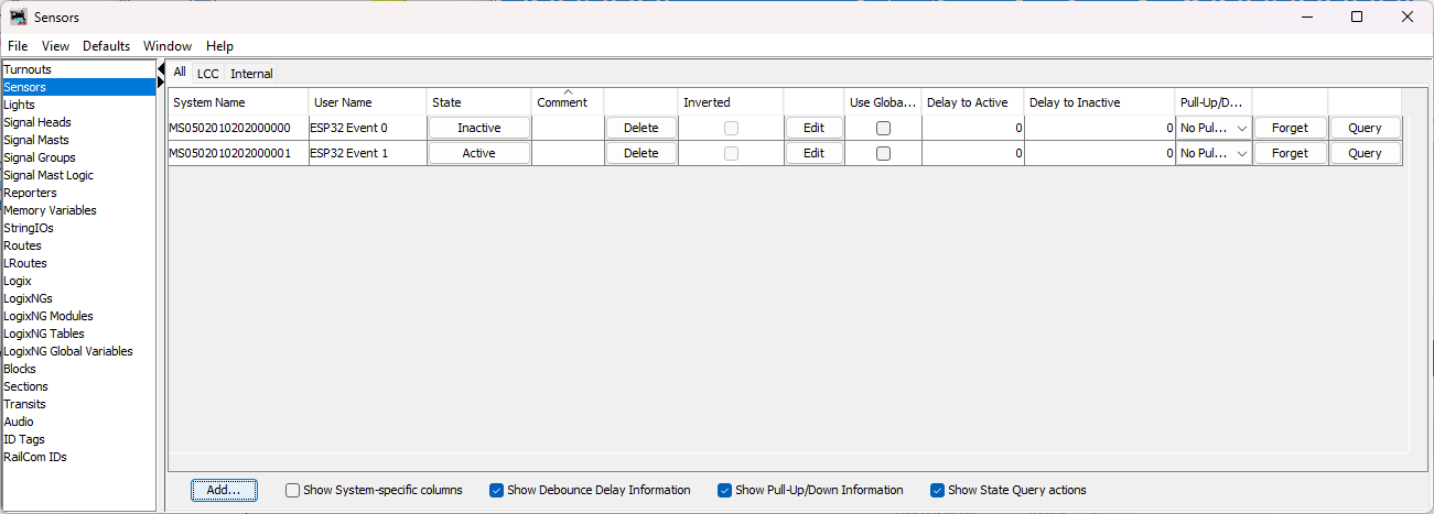 LCC Sensors showing alternating ACTIVE states